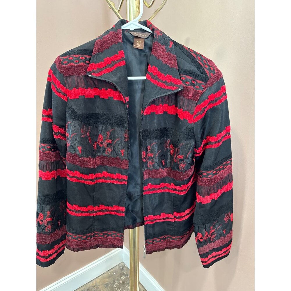 Vintage Women's M Red Black Floral Lined Embroidered Jacket Blazer By Multiples